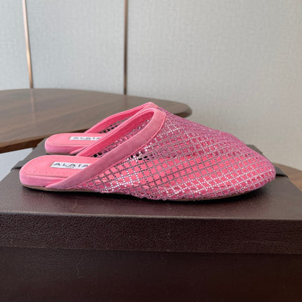ALAIA 26S FLAT MULES IN PINK SUEDE AND MESH RHINESTONE-EMBELLISHED
