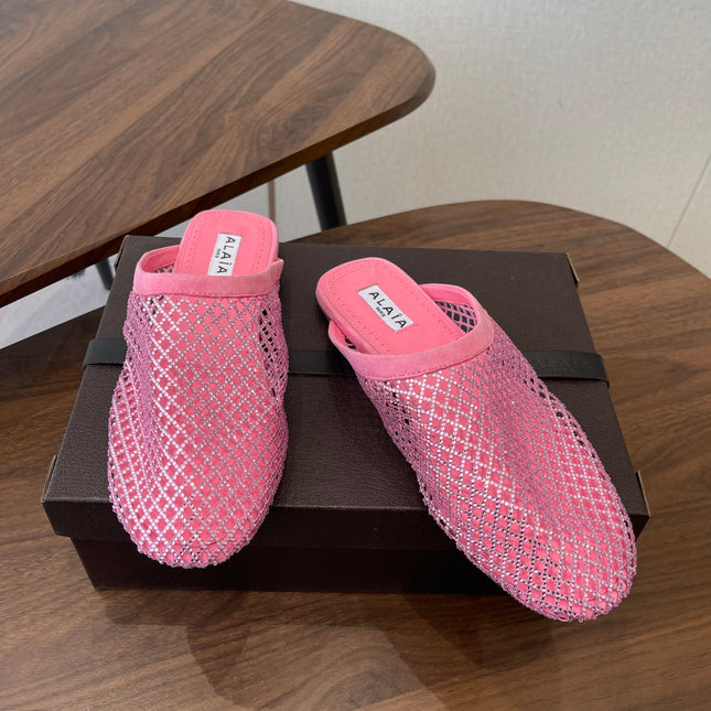 ALAIA 26S FLAT MULES IN PINK SUEDE AND MESH RHINESTONE-EMBELLISHED