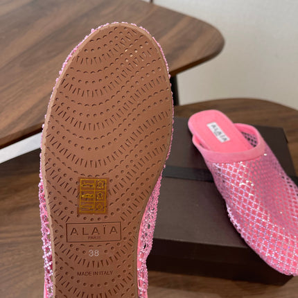 ALAIA 26S FLAT MULES IN PINK SUEDE AND MESH RHINESTONE-EMBELLISHED