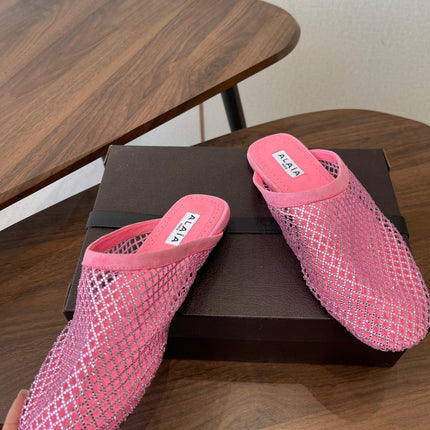ALAIA 26S FLAT MULES IN PINK SUEDE AND MESH RHINESTONE-EMBELLISHED