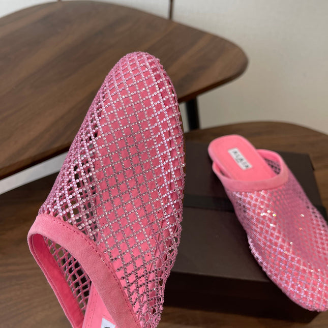 ALAIA 26S FLAT MULES IN PINK SUEDE AND MESH RHINESTONE-EMBELLISHED