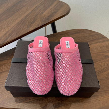 ALAIA 26S FLAT MULES IN PINK SUEDE AND MESH RHINESTONE-EMBELLISHED