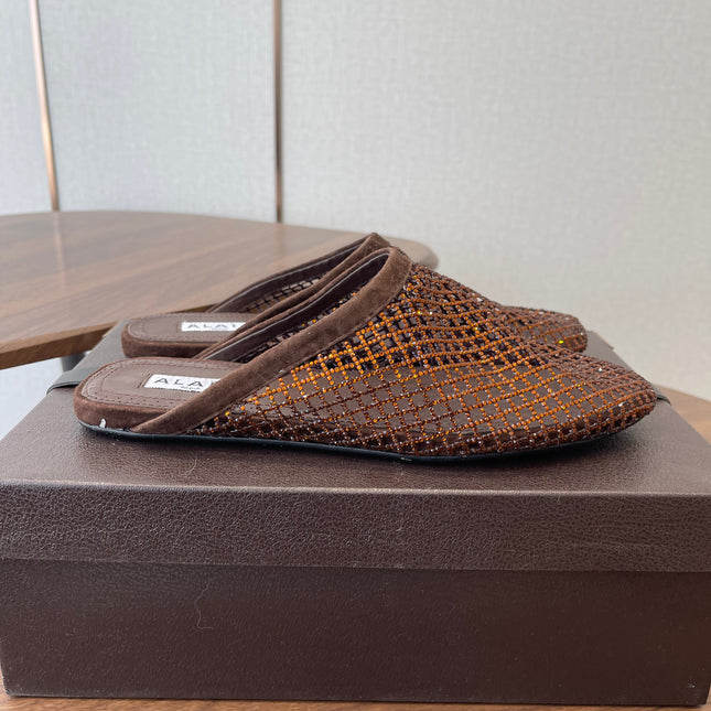 ALAIA 26S FLAT MULES IN DARK BROWN SUEDE AND MESH RHINESTONE-EMBELLISHED