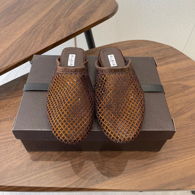 ALAIA 26S FLAT MULES IN DARK BROWN SUEDE AND MESH RHINESTONE-EMBELLISHED