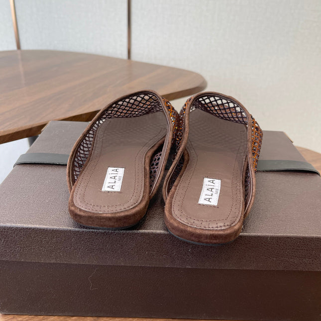 ALAIA 26S FLAT MULES IN DARK BROWN SUEDE AND MESH RHINESTONE-EMBELLISHED