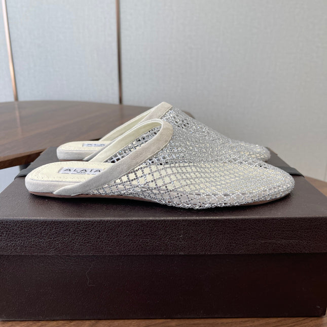 ALAIA 26S FLAT MULES IN CREAM WHITE SUEDE AND MESH RHINESTONE-EMBELLISHED