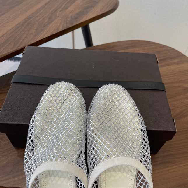ALAIA 26S FLAT MULES IN CREAM WHITE SUEDE AND MESH RHINESTONE-EMBELLISHED