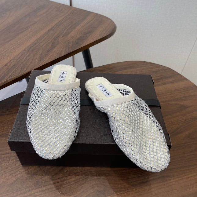 ALAIA 26S FLAT MULES IN CREAM WHITE SUEDE AND MESH RHINESTONE-EMBELLISHED