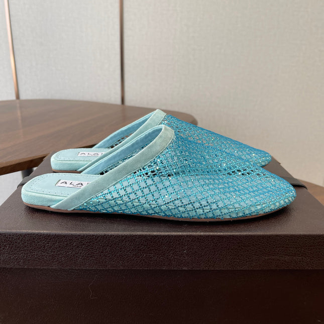 ALAIA 26S FLAT MULES IN BLUE SUEDE AND MESH RHINESTONE-EMBELLISHED
