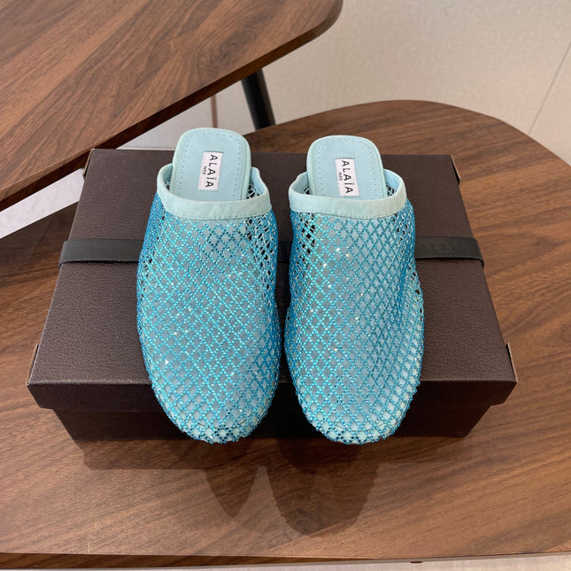 ALAIA 26S FLAT MULES IN BLUE SUEDE AND MESH RHINESTONE-EMBELLISHED