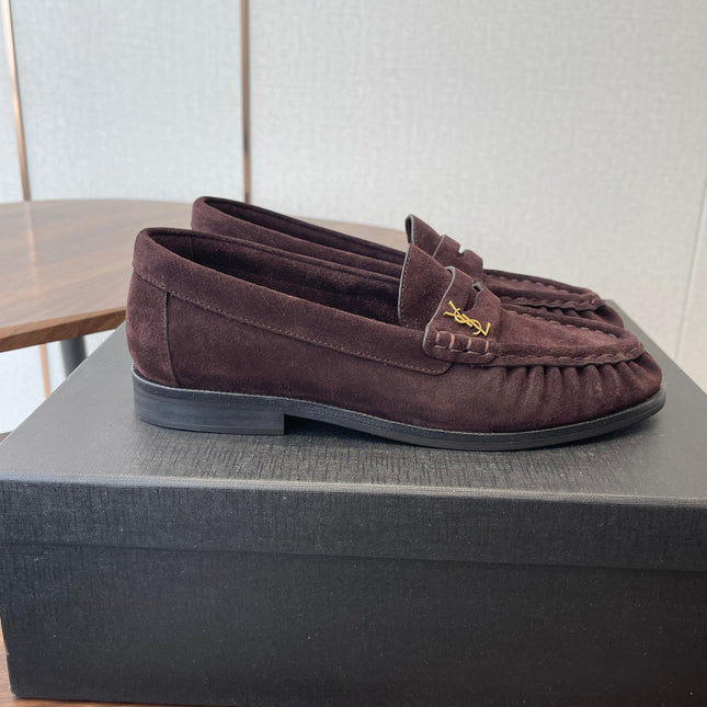 YSL 26S LOAFER IN DARK PLUM BROWN SUEDE