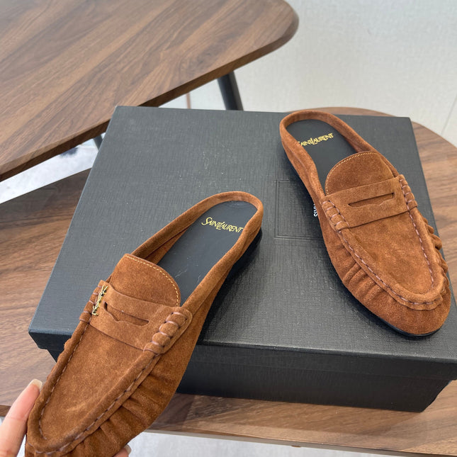 YSL 26S LOAFER MULES IN BURNT ORANGE BROWN SUEDE