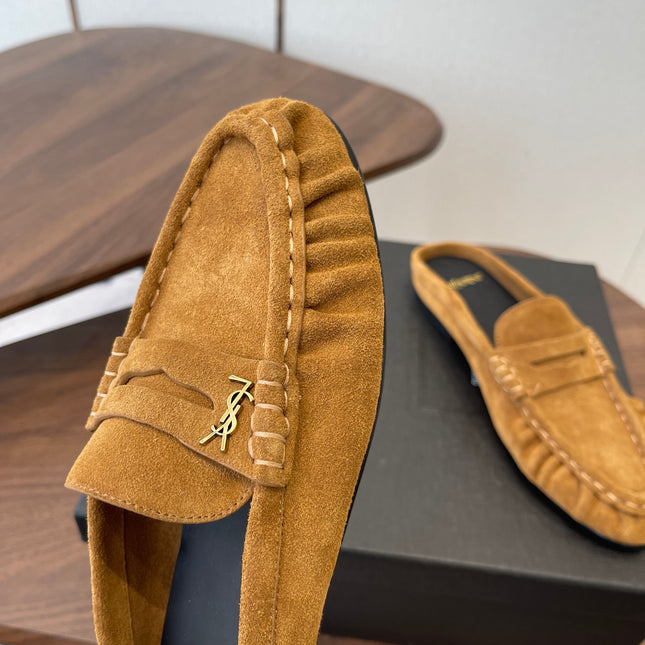 YSL 26S LOAFER MULES IN CAMEL BROWN SUEDE