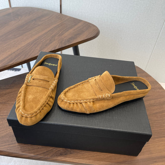 YSL 26S LOAFER MULES IN CAMEL BROWN SUEDE