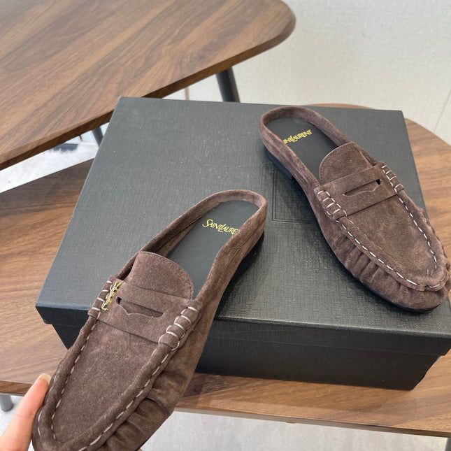 YSL 26S LOAFER MULES IN EARTH BROWN SUEDE