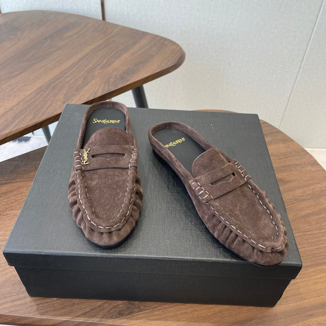 YSL 26S LOAFER MULES IN EARTH BROWN SUEDE
