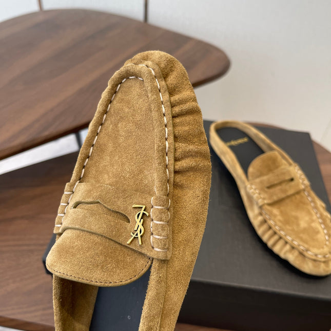 YSL 26S LOAFER MULES IN LIGHT BROWN SUEDE