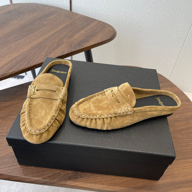 YSL 26S LOAFER MULES IN LIGHT BROWN SUEDE