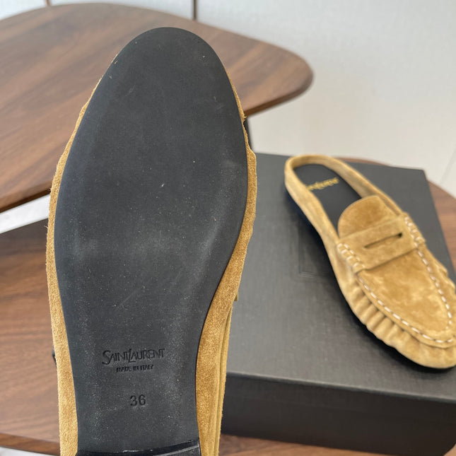 YSL 26S LOAFER MULES IN LIGHT BROWN SUEDE