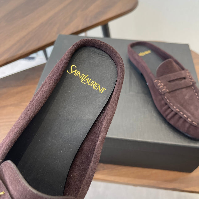 YSL 26S LOAFER MULES IN DARK PLUM BROWN SUEDE