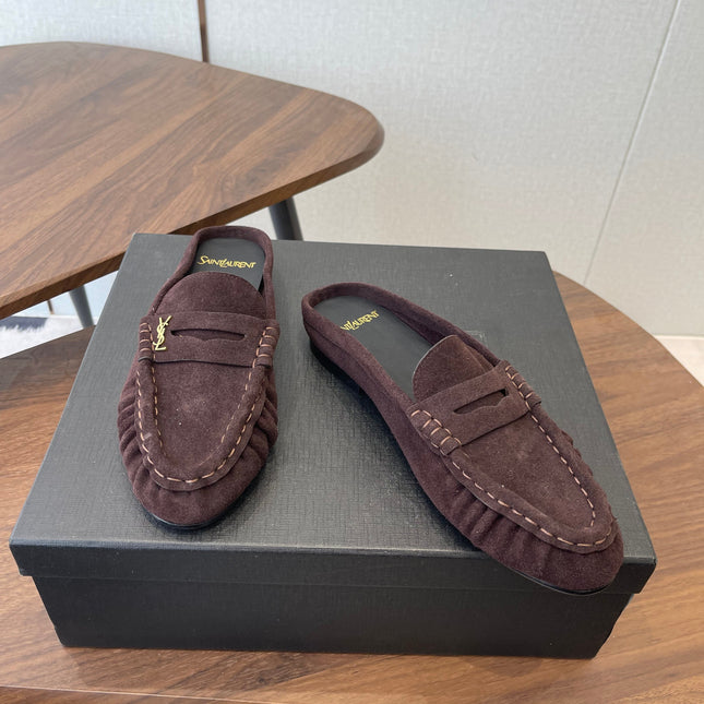 YSL 26S LOAFER MULES IN DARK PLUM BROWN SUEDE