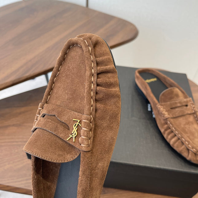 YSL 26S LOAFER MULES IN BROWN SUEDE