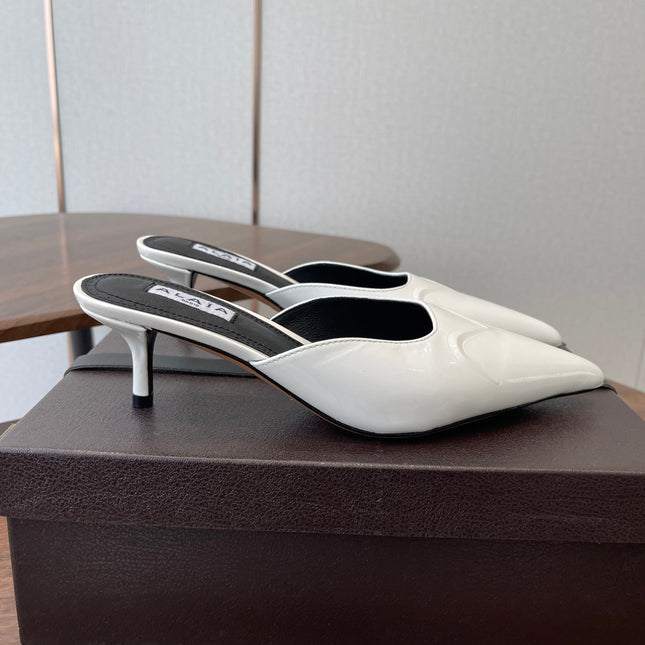 ALAIA 26S HEELED MULES 50 MM IN WHITE GLOSSY CALFSKIN