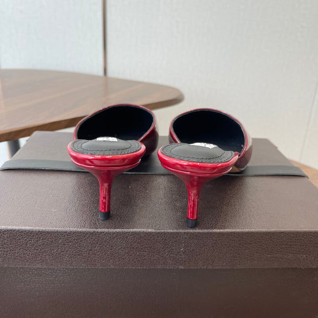 ALAIA 26S HEELED MULES 50 MM IN DARK RED GLOSSY CALFSKIN