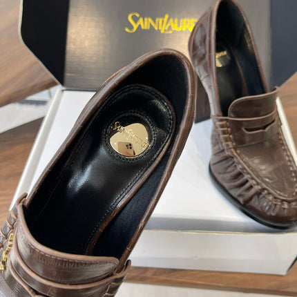 YSL 26S HEELED LOAFERS 100 MM IN DARK BROWN CALFSKIN