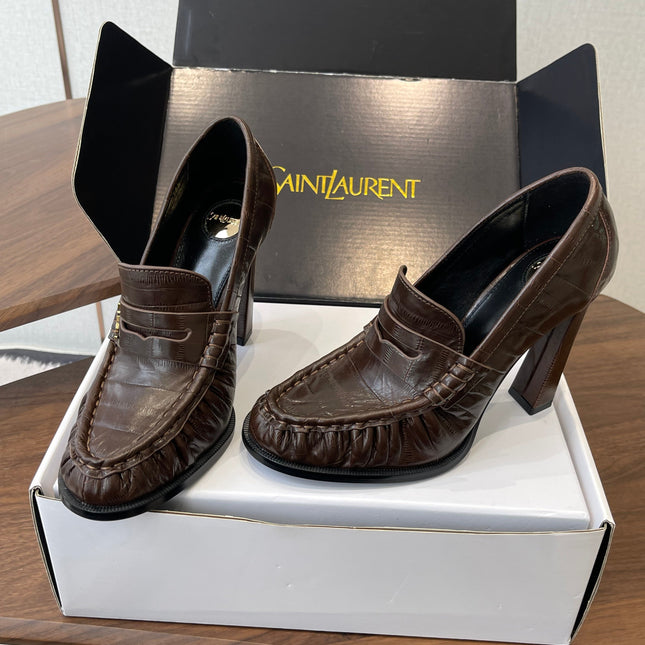 YSL 26S HEELED LOAFERS 100 MM IN DARK BROWN CALFSKIN