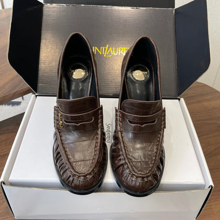 YSL 26S HEELED LOAFERS 100 MM IN DARK BROWN CALFSKIN