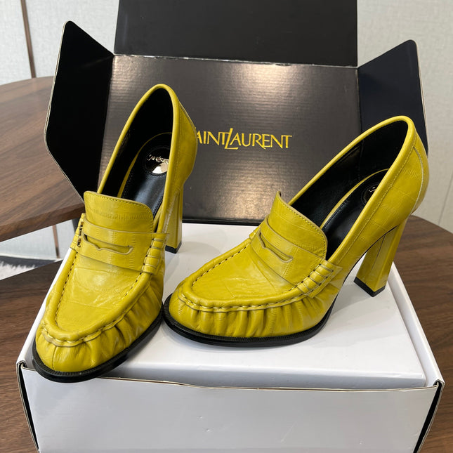 YSL 26S HEELED LOAFERS 100 MM IN YELLOW CALFSKIN