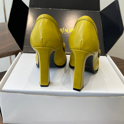 YSL 26S HEELED LOAFERS 100 MM IN YELLOW CALFSKIN