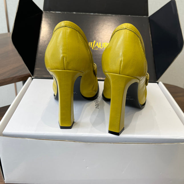 YSL 26S HEELED LOAFERS 100 MM IN YELLOW CALFSKIN