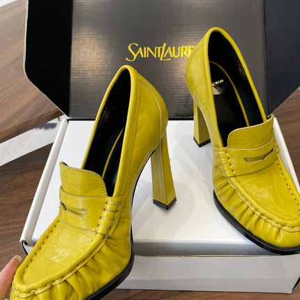 YSL 26S HEELED LOAFERS 100 MM IN YELLOW CALFSKIN
