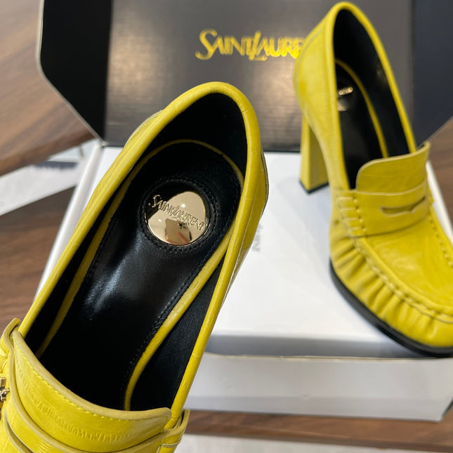 YSL 26S HEELED LOAFERS 100 MM IN YELLOW CALFSKIN