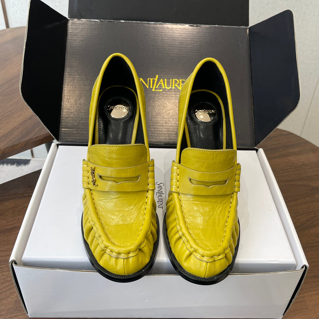 YSL 26S HEELED LOAFERS 100 MM IN YELLOW CALFSKIN