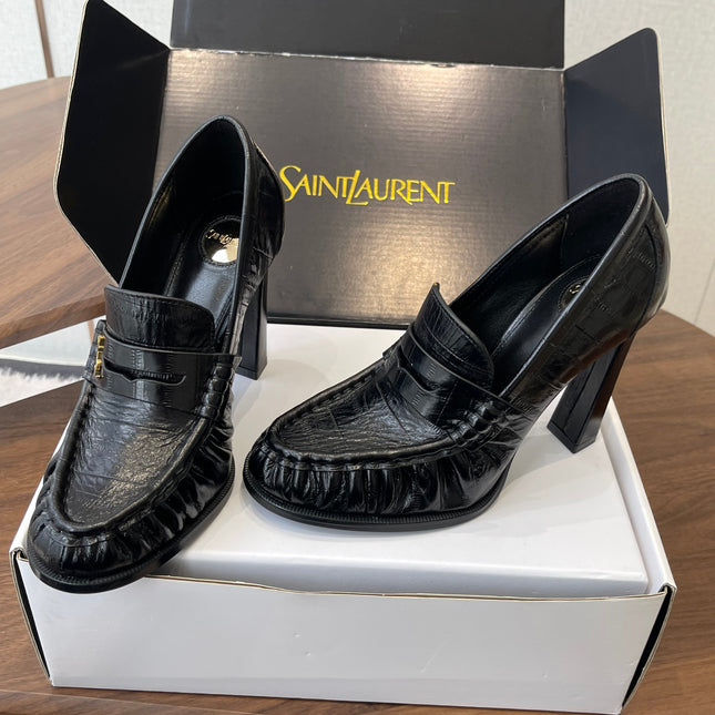 YSL 26S HEELED LOAFERS 100 MM IN BLACK SHINY CALFSKIN