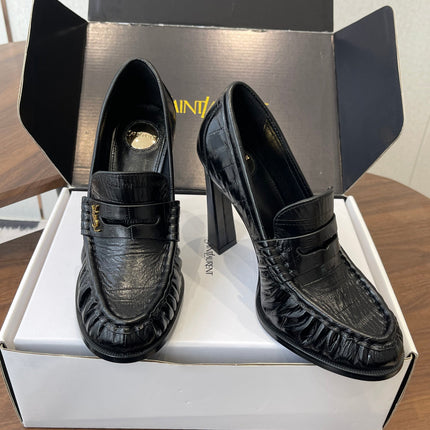 YSL 26S HEELED LOAFERS 100 MM IN BLACK SHINY CALFSKIN