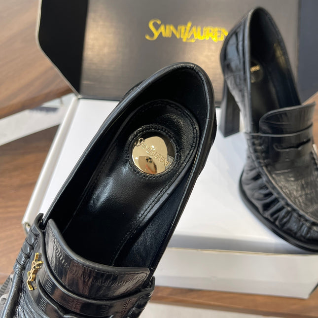 YSL 26S HEELED LOAFERS 100 MM IN BLACK SHINY CALFSKIN