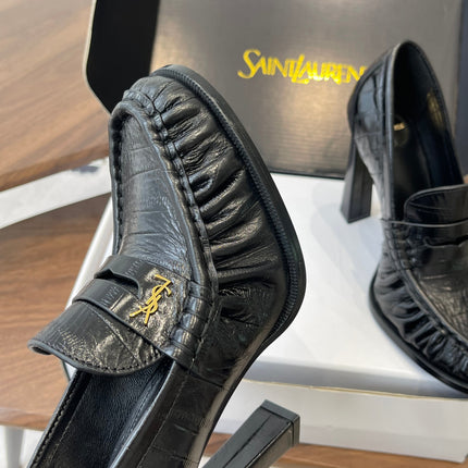 YSL 26S HEELED LOAFERS 100 MM IN BLACK SHINY CALFSKIN