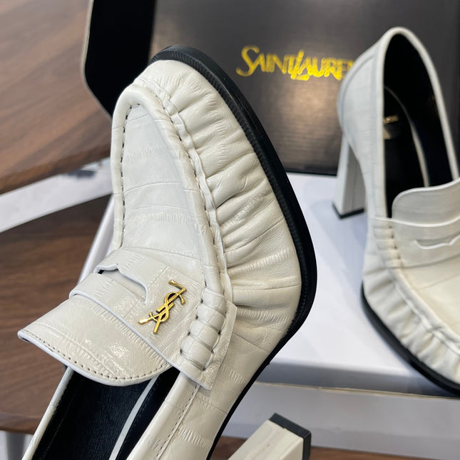 YSL 26S HEELED LOAFERS 100 MM IN WHITE CALFSKIN