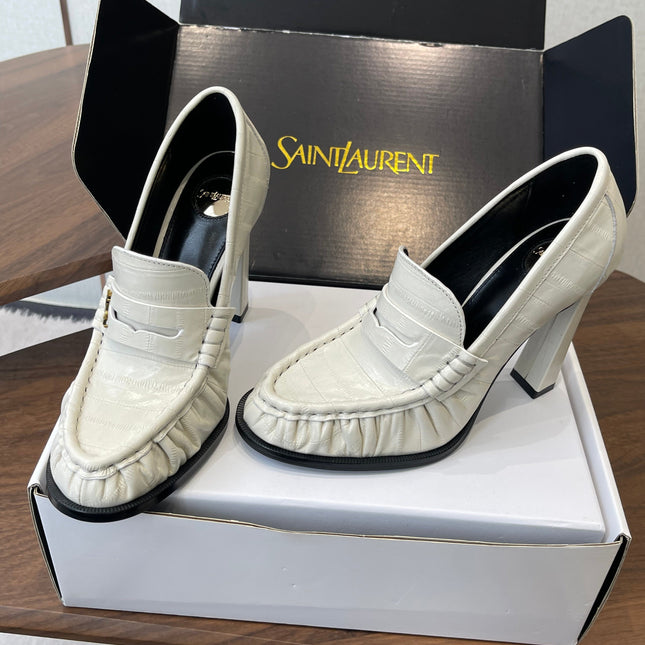 YSL 26S HEELED LOAFERS 100 MM IN WHITE CALFSKIN