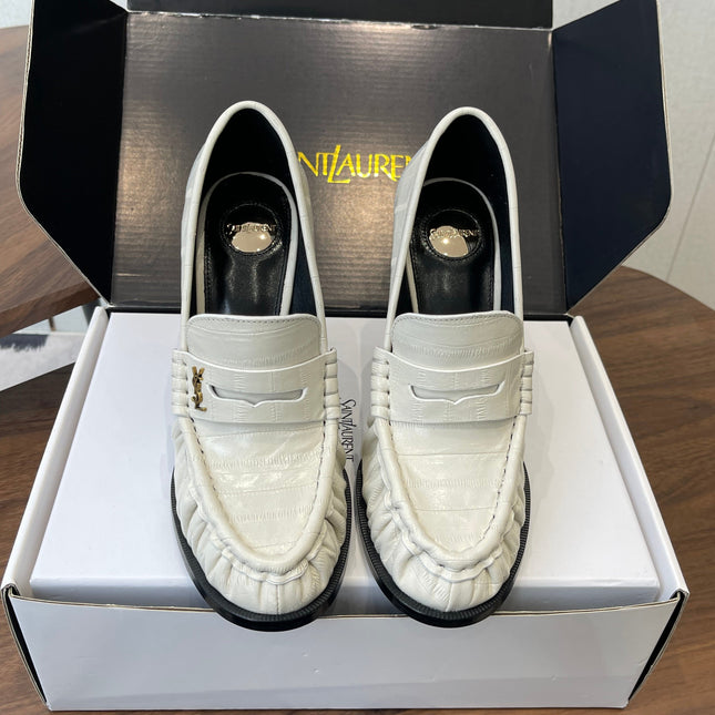 YSL 26S HEELED LOAFERS 100 MM IN WHITE CALFSKIN