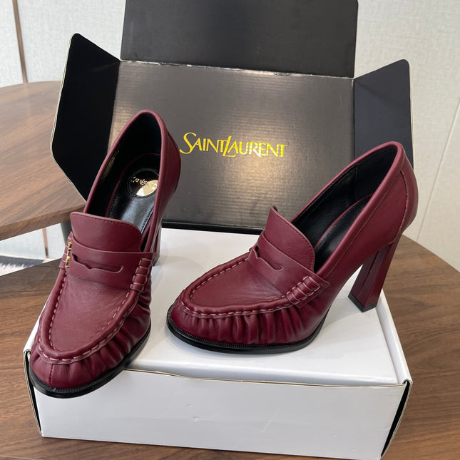 YSL 26S HEELED LOAFERS 100 MM IN DARK RED CALFSKIN