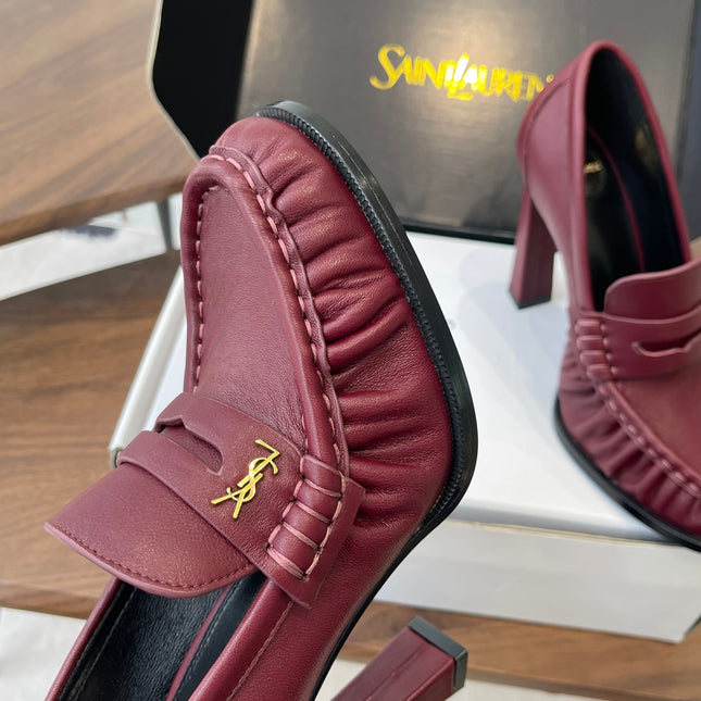 YSL 26S HEELED LOAFERS 100 MM IN DARK RED CALFSKIN