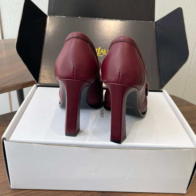 YSL 26S HEELED LOAFERS 100 MM IN DARK RED CALFSKIN