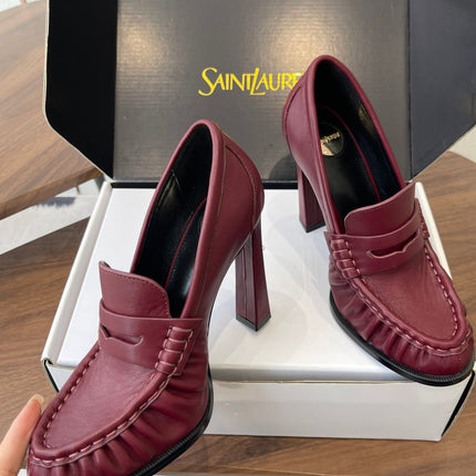 YSL 26S HEELED LOAFERS 100 MM IN DARK RED CALFSKIN