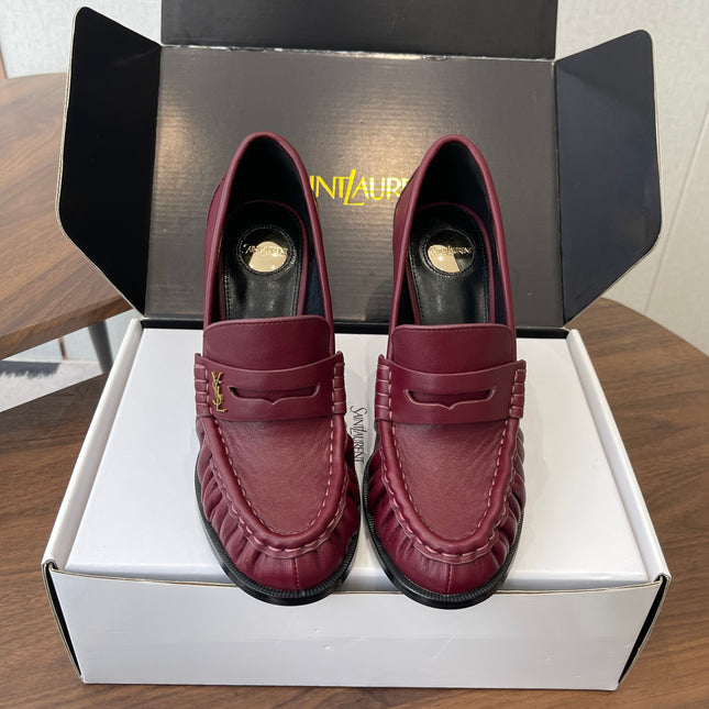 YSL 26S HEELED LOAFERS 100 MM IN DARK RED CALFSKIN