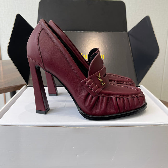 YSL 26S HEELED LOAFERS 100 MM IN DARK RED CALFSKIN